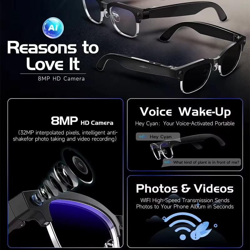 8MP HD Smart Video Glasses anti Shake Video Recording WIFI Bluetooth Transmission Object Recognition Slide Touch Smart Glasses