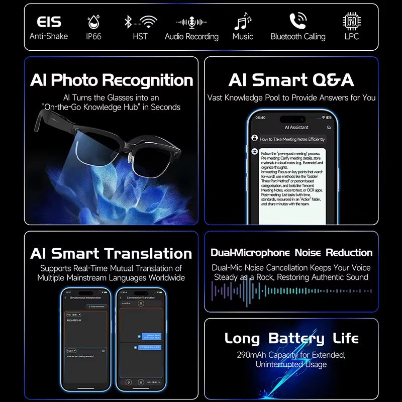 8MP HD Smart Video Glasses anti Shake Video Recording WIFI Bluetooth Transmission Object Recognition Slide Touch Smart Glasses