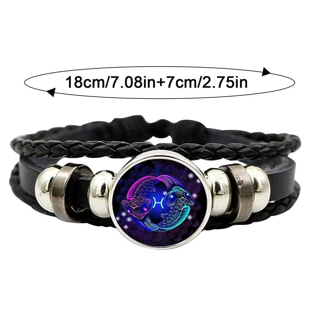 Adjustable 12 Zodiac Signs PU Leather Bracelet Hand Woven Luminous 12 Zodiac Signs Glow Zodiac Spirit Bracelet Jewelry Gift