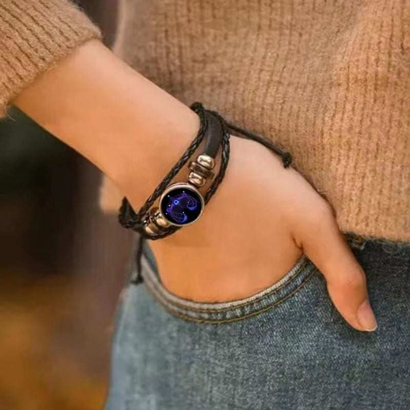 Adjustable 12 Zodiac Signs PU Leather Bracelet Hand Woven Luminous 12 Zodiac Signs Glow Zodiac Spirit Bracelet Jewelry Gift