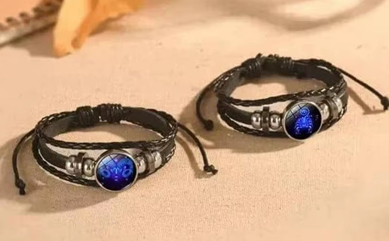 Adjustable 12 Zodiac Signs PU Leather Bracelet Hand Woven Luminous 12 Zodiac Signs Glow Zodiac Spirit Bracelet Jewelry Gift