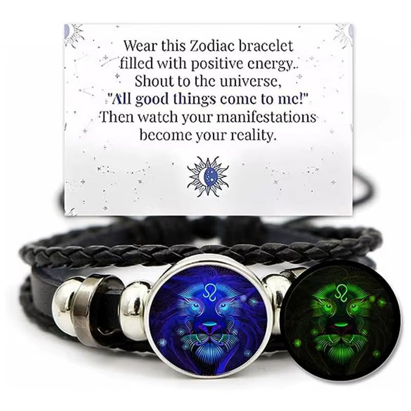 Adjustable 12 Zodiac Signs PU Leather Bracelet Hand Woven Luminous 12 Zodiac Signs Glow Zodiac Spirit Bracelet Jewelry Gift