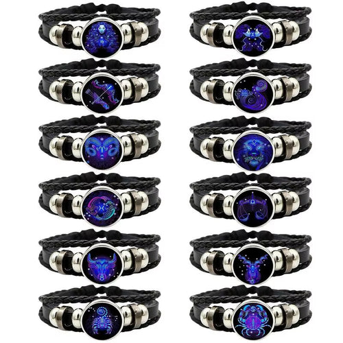 Adjustable 12 Zodiac Signs PU Leather Bracelet Hand Woven Luminous 12 Zodiac Signs Glow Zodiac Spirit Bracelet Jewelry Gift