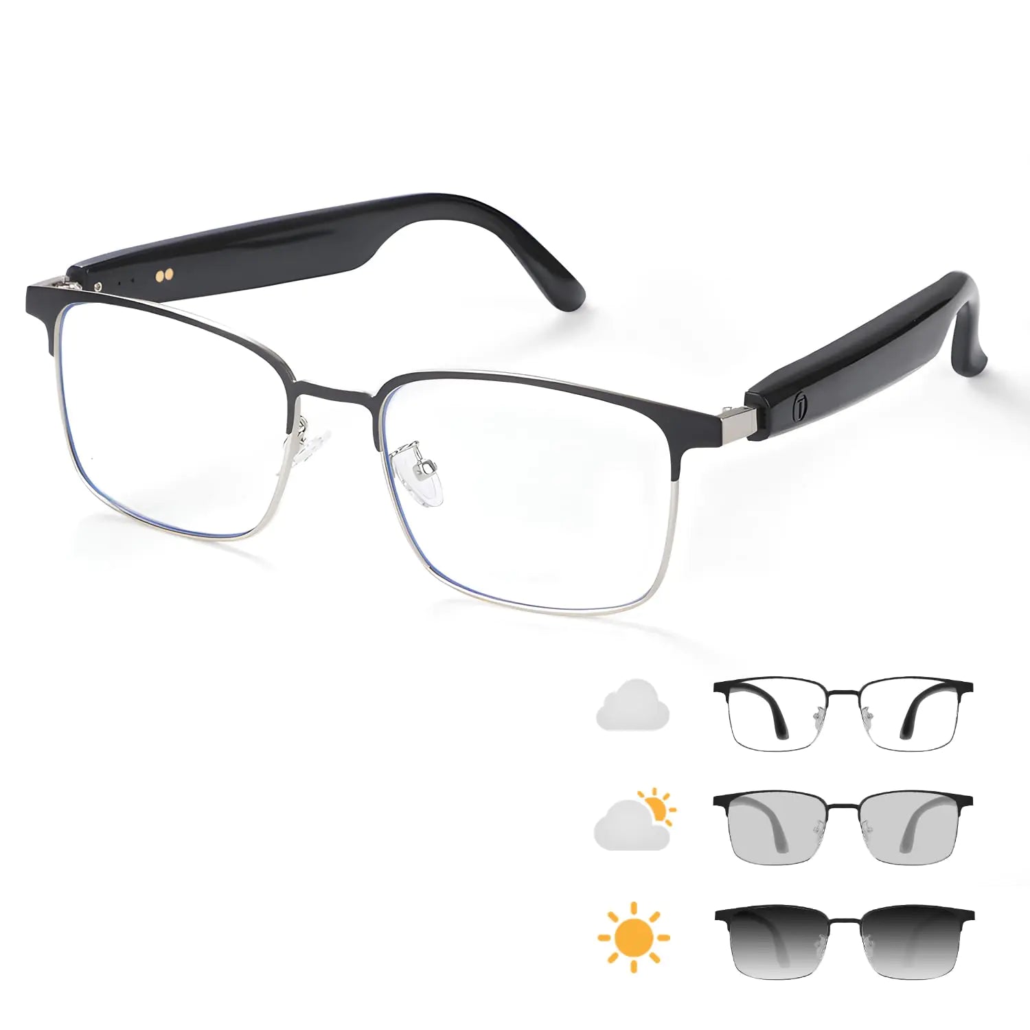 Tulbeys Smart Glasses with Open Ear Photochromic Lenses Polarized Sunglasses Bluetooth Voice Assistant Mic Speakers for Men Women Bluetooth Glasses Hands-Free Listening Voice Control(Silver)